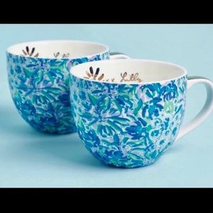 Lilly Pulitzer Ceramic Mugs (Set of 2) -Blue,Purple, Green,White - Gold handles